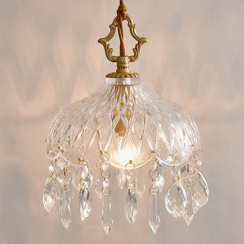 Traditional Vintage Round Glass Crystal Copper 1-Light Pendant Light For Bedroom