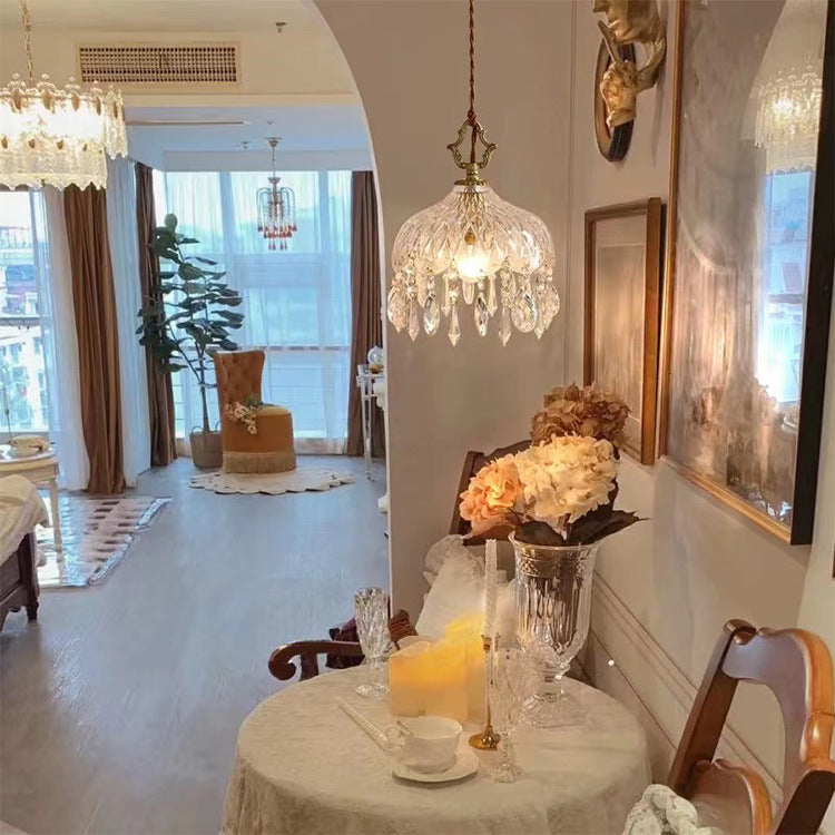 Traditional Vintage Round Glass Crystal Copper 1-Light Pendant Light For Bedroom