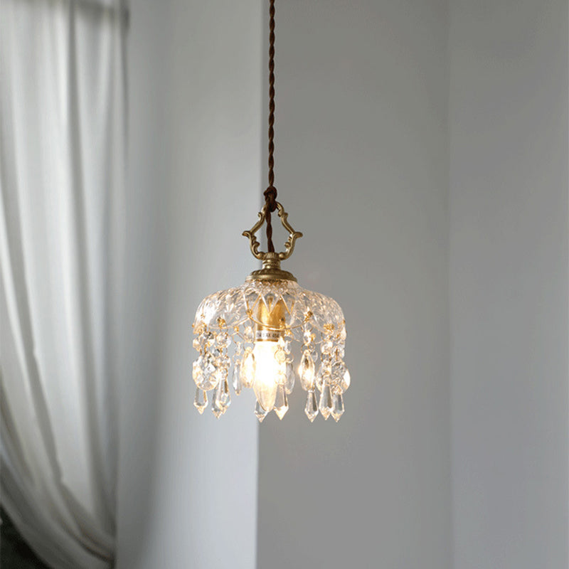 Traditional Vintage Round Glass Crystal Copper 1-Light Pendant Light For Bedroom