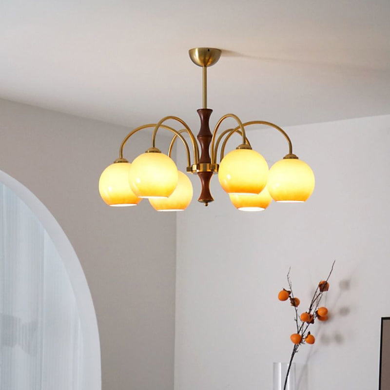 Traditional Vintage Sphere Glass Iron Wood 3/6 Light Chandelier For Living Room