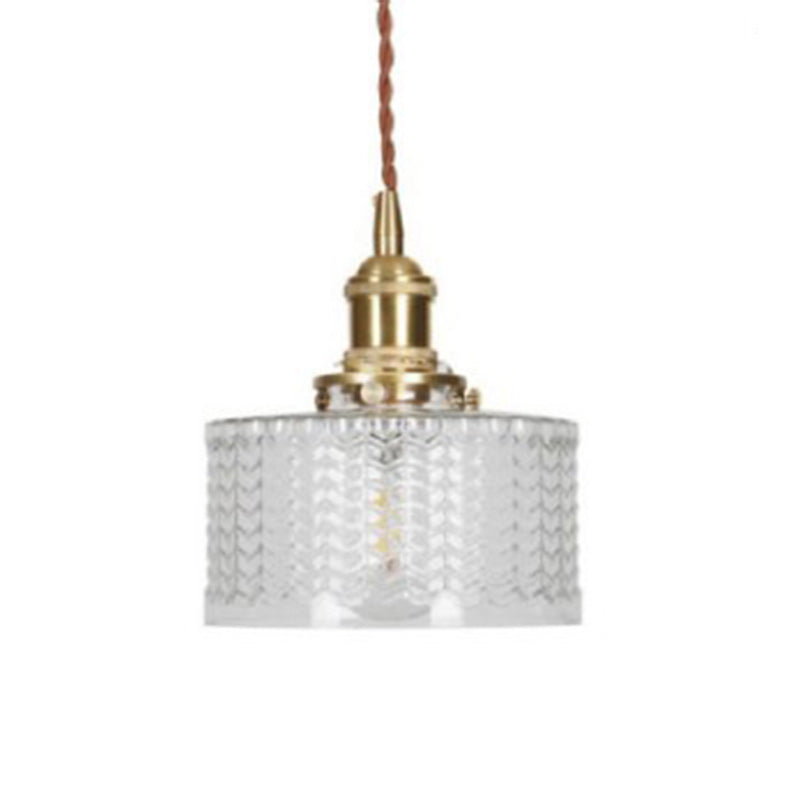 Traditional Vintage Cylinder Glass Copper 1-Light Pendant Light For Bedroom