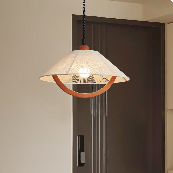 Traditional Vintage Cone Rubberwood Fabric 1-Light Pendant Light For Living Room