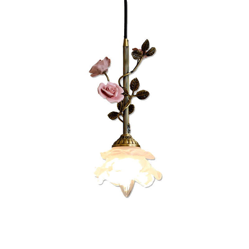 Traditional French Flower Brass Ceramic Glass 1-Light Pendant Light For Bedroom