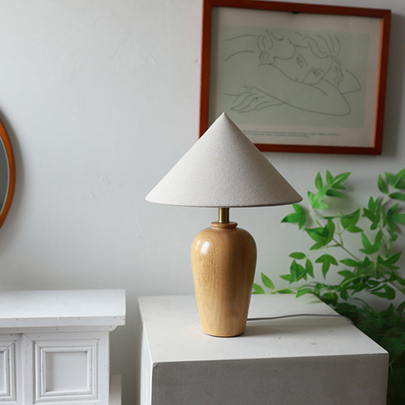 Traditional Vintage Cone Solid Wood Fabric Metal 1-Light Table Lamp For Bedroom