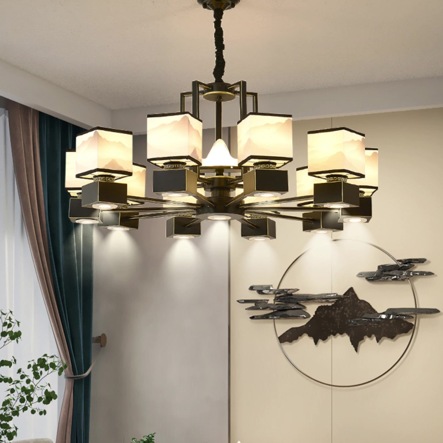 Traditional Chinese Square Iron Fabric 6/8 Light Chandelier For Living Room