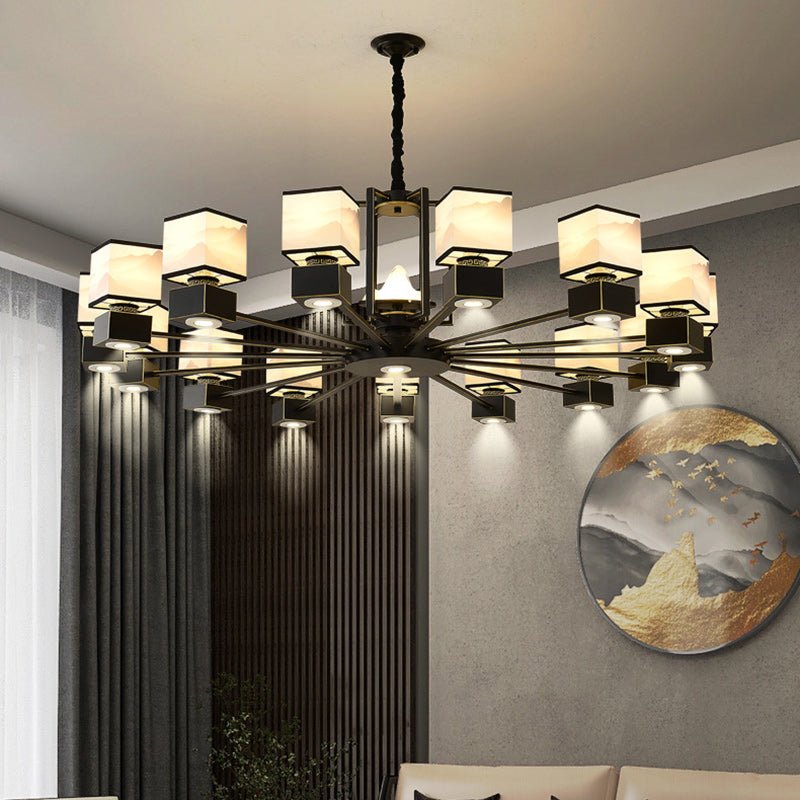 Traditional Chinese Square Iron Fabric 6/8 Light Chandelier For Living Room