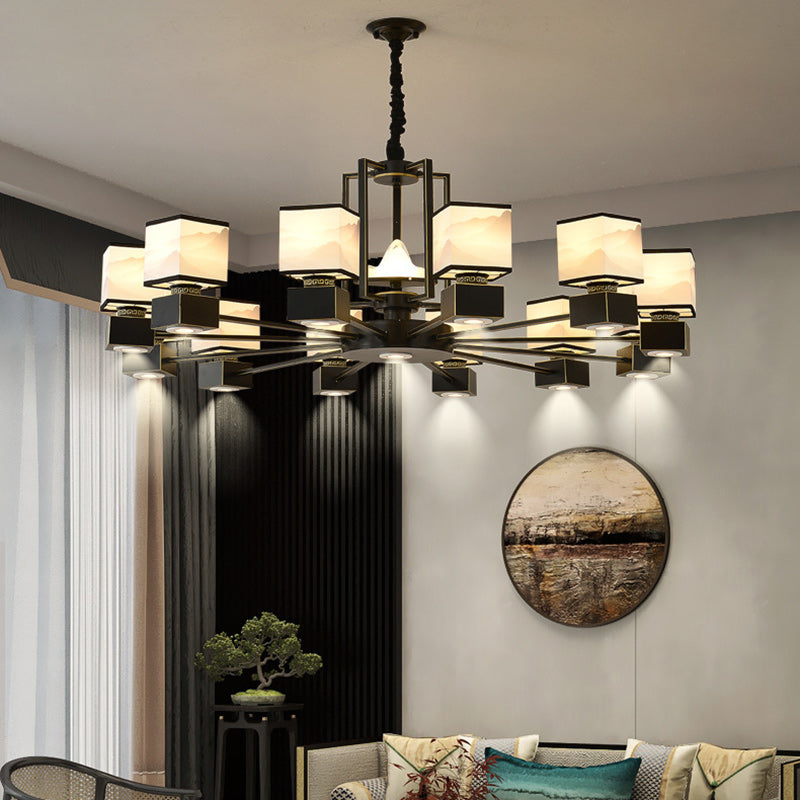 Traditional Chinese Square Iron Fabric 6/8 Light Chandelier For Living Room