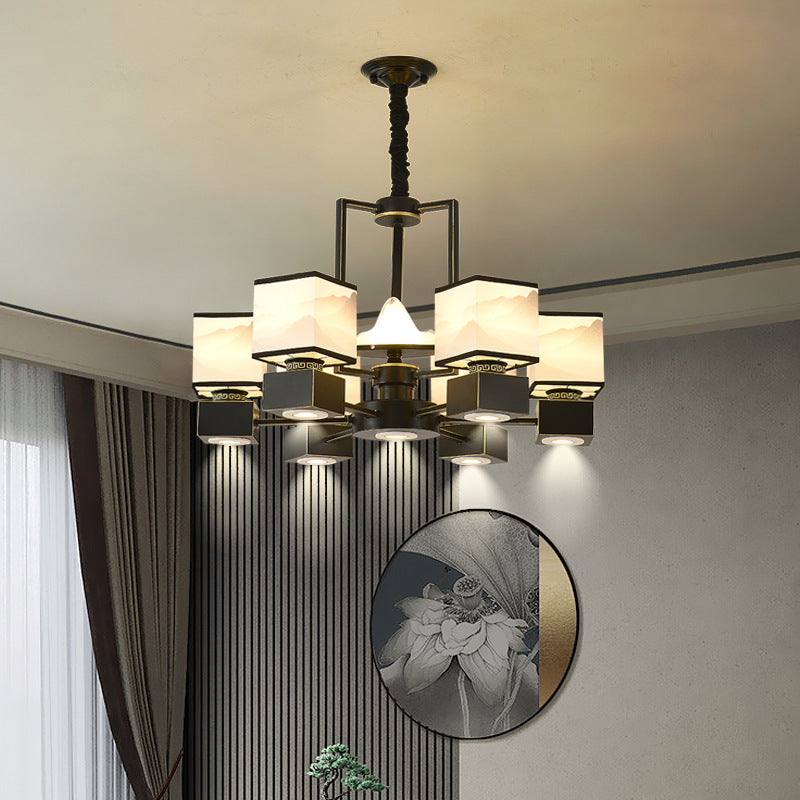 Traditional Chinese Square Iron Fabric 6/8 Light Chandelier For Living Room