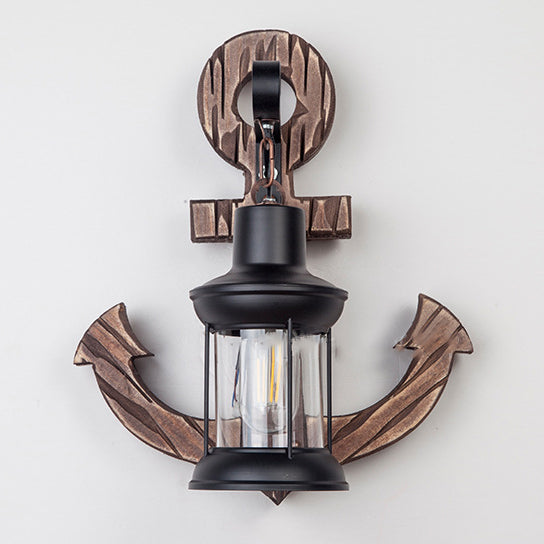 Traditional Vintage Boat Anchor Iron Solid Wood 1-Light Wall Sconce Lamp For Hallway