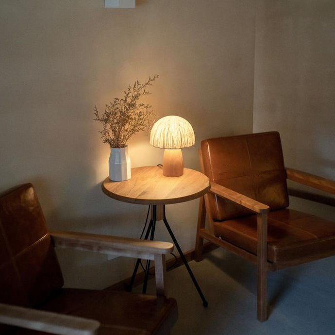 Traditional Vintage Mushroom Paper Solid Wood 1-Light Table Lamp For Bedroom