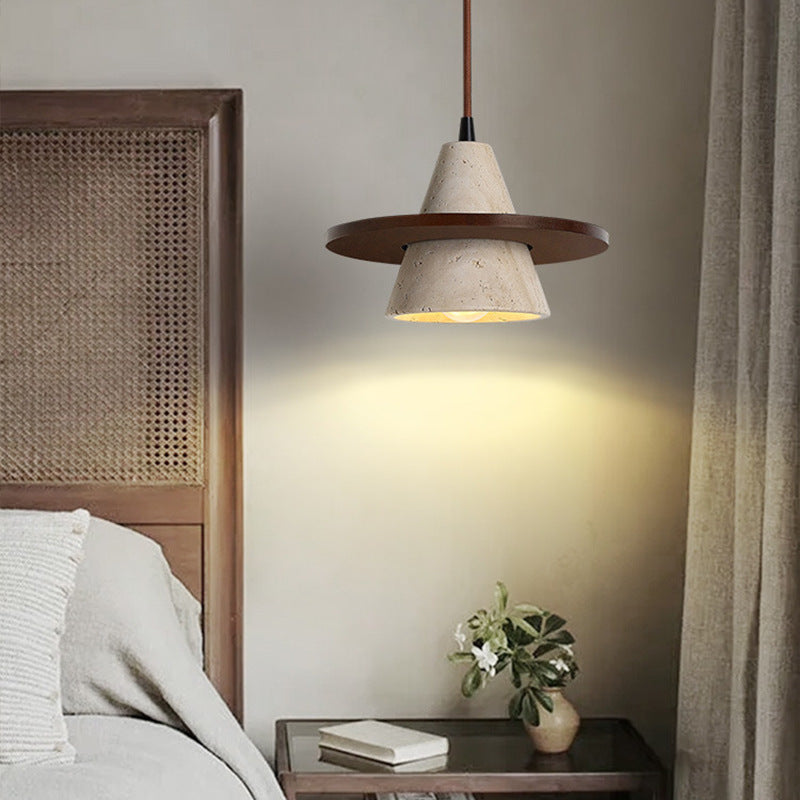 Traditional Vintage Cone Natural Yellow Travertine LED Pendant Light For Bedroom