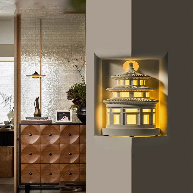 Traditional Chinese Loft Round Gypsum 1-Light Wall Sconce Lamp For Hallway