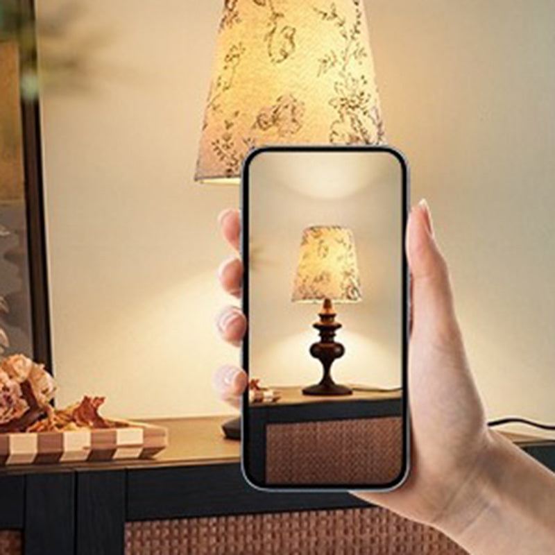 Traditional Vintage Frustum Cone Oak Fabric 1-Light Table Lamp For Bedroom