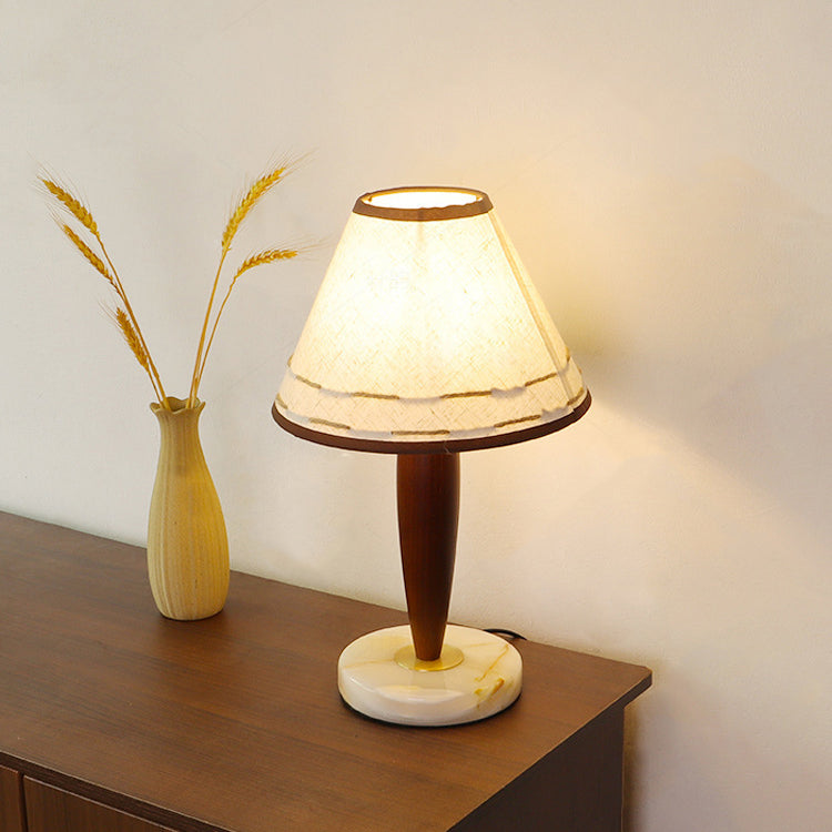 Table Lamp Mid-Century Modern Solid Wood & Marble with Tapered Fabric Shade for Bedroom