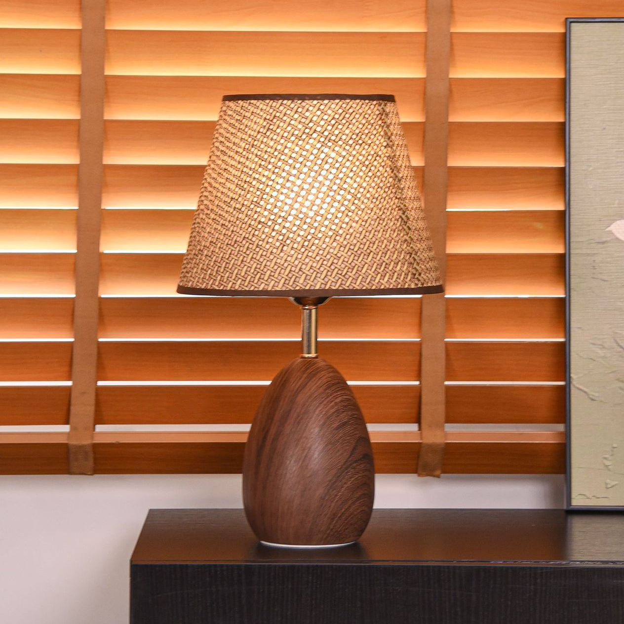 Modern Scandinavian Table Lamp with Iron & Woven Rattan Base and Tapered Shade for Bedroom