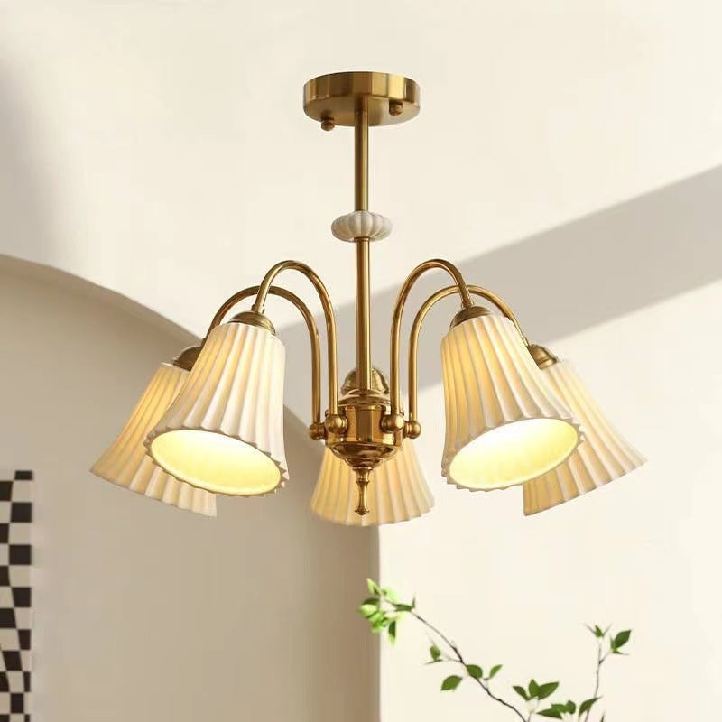 Traditional French Cone Ceramic Shade Chandelier with Brass Frame 3/5/8 Light for Living Room