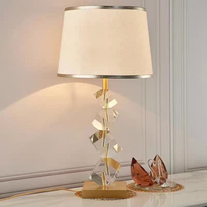 Luxury Crystal Table Lamp – 1-Light Modern Bedroom Lamp with Stacked Irregular Crystals & Fabric Shade
