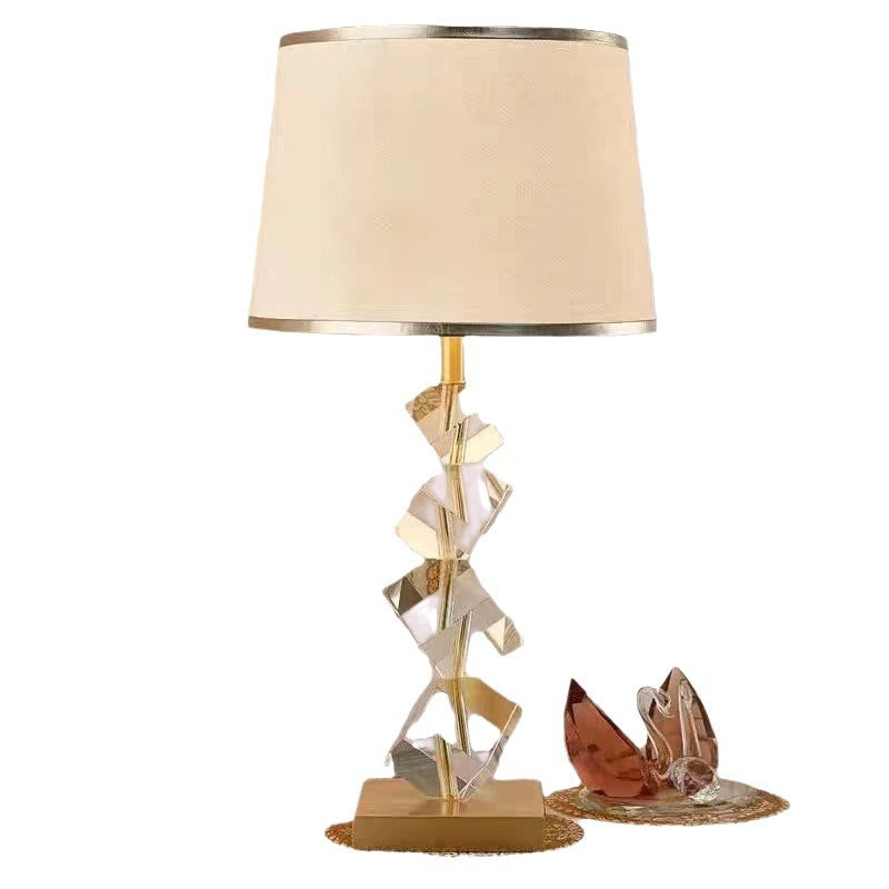 Luxury Crystal Table Lamp – 1-Light Modern Bedroom Lamp with Stacked Irregular Crystals & Fabric Shade