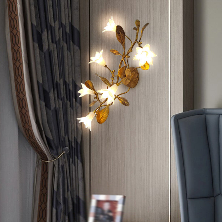 Contemporary Creative Flower Wall Sconce – 6-Light Copper & Crystal Lamp for Living Room