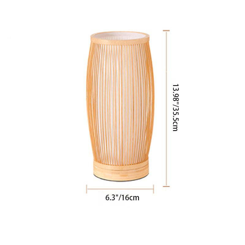 Traditional Japanese Cylinder Bamboo Wood 1-Light Table Lamp For Bedroom
