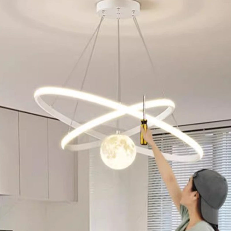 Contemporary Nordic Moon Circle PVC Iron LED Chandelier For Bedroom