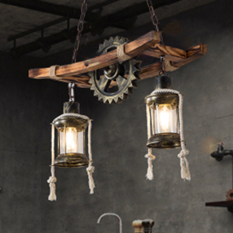 Contemporary Industrial Cylinders Solid Wood Iron 2-Light Chandelier Island Light For Dining Room