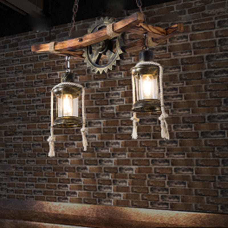 Contemporary Industrial Cylinders Solid Wood Iron 2-Light Chandelier Island Light For Dining Room