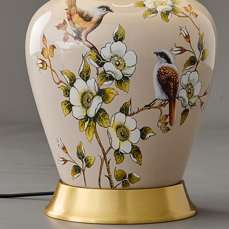 Traditional Chinese Frustum Cone Copper Ceramic Fabric 1-Light Table Lamp For Bedroom