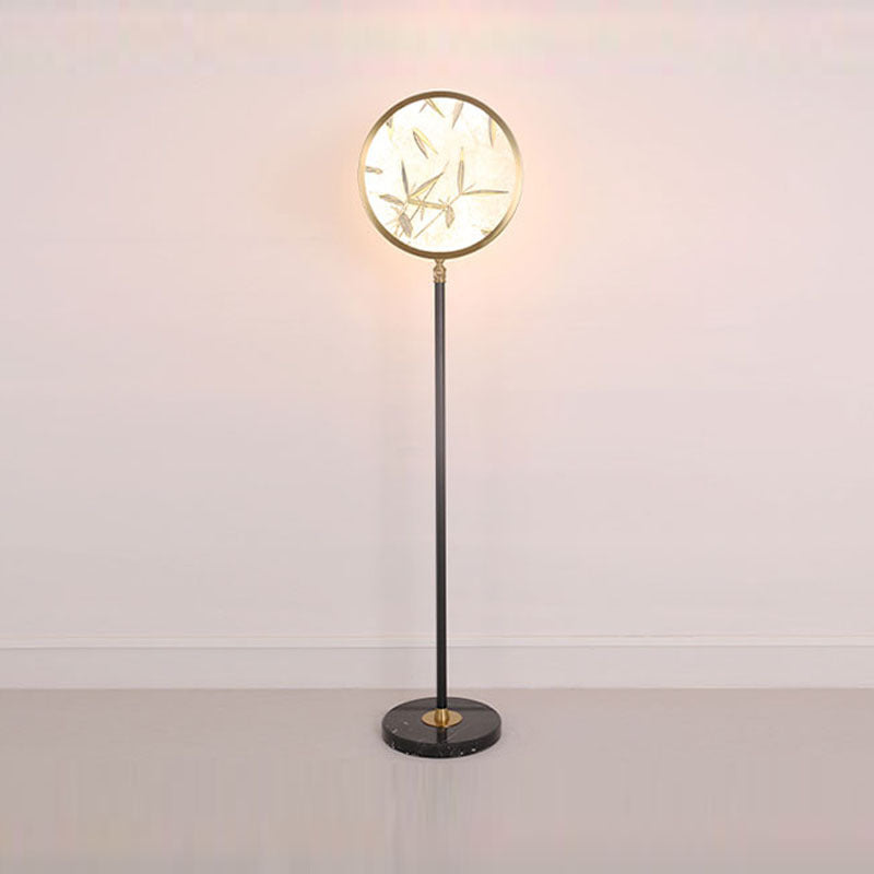 Traditional Chinese Bamboo Leaf Round Shade in Metal & Glass LED Standing Floor Lamp For Living Room
