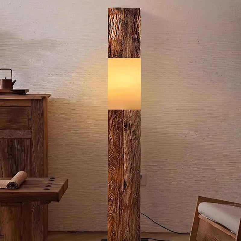 Vintage Solid Wood LED Floor Lamp – Distressed Rectangular Pillar Design for Living Room