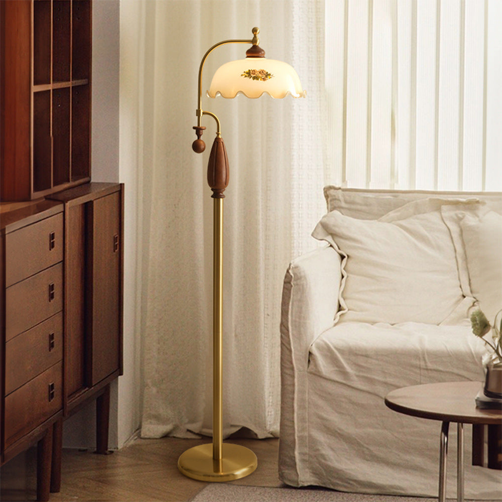 Traditional Chinese Floor Lamp – 1-Light Dome Glass Shade with Ash Wood & Metal Frame for Living Room