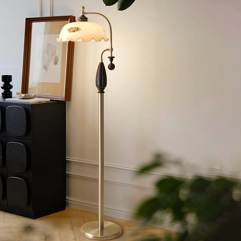 Traditional Chinese Floor Lamp – 1-Light Dome Glass Shade with Ash Wood & Metal Frame for Living Room