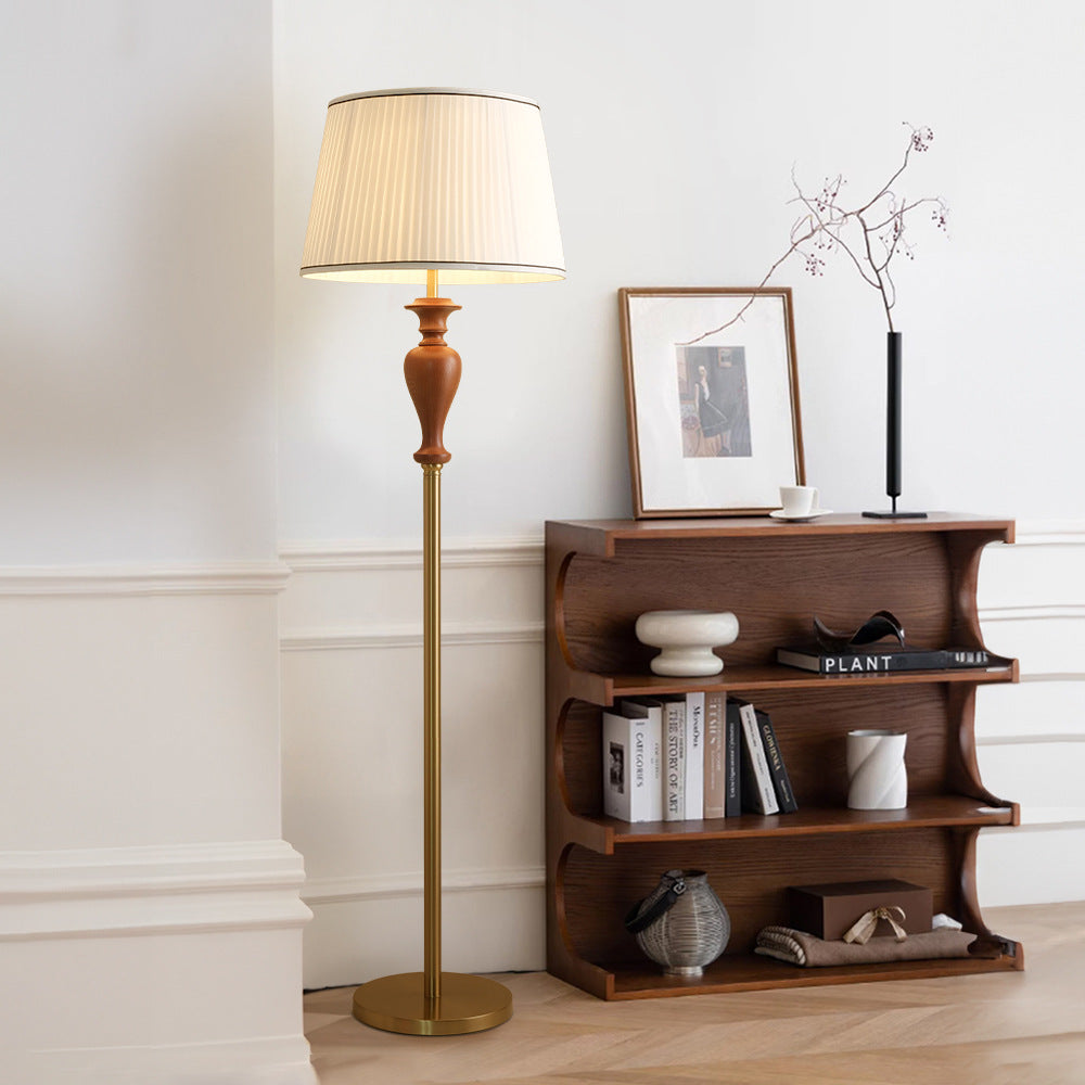 Traditional French Floor Lamp – 1-Light Standing Lamp with Tapered Fabric Shade, Ash Wood & Metal for Living Room