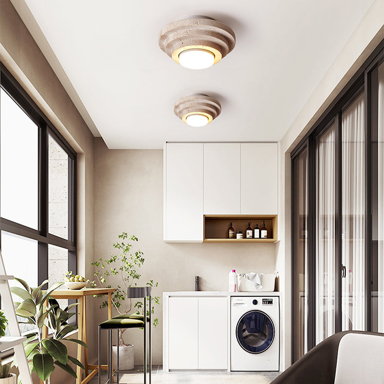 Contemporary Nordic Travertine Ceiling Light – 1-Light Cylinder Semi-Flush Mount for Bedroom
