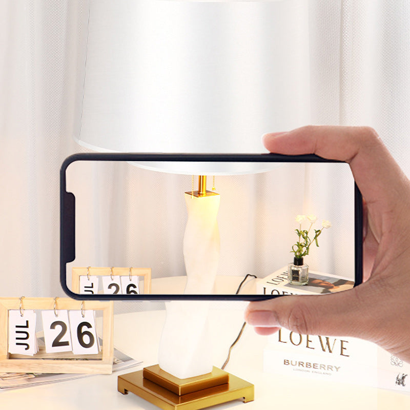 Traditional Chinese Cylinder Metal Glass Fabric 1-Light Table Lamp For Bedroom