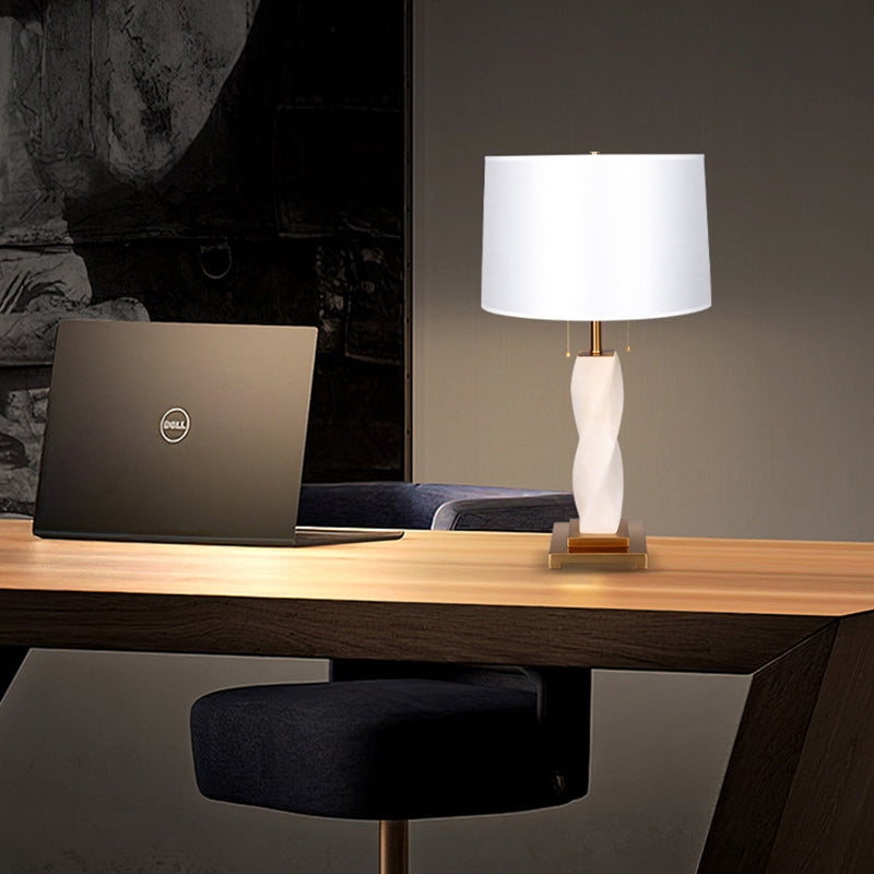 Traditional Chinese Cylinder Metal Glass Fabric 1-Light Table Lamp For Bedroom