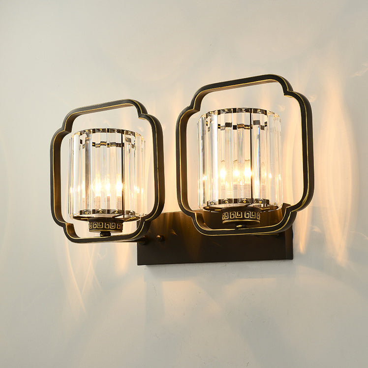 Traditional Chinese Cylinder Iron Crystal 2-Light Wall Sconce Lamp For Living Room