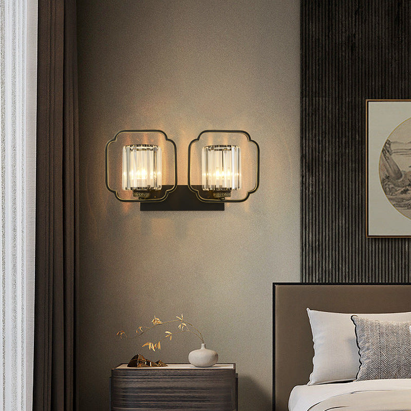 Traditional Chinese Cylinder Iron Crystal 2-Light Wall Sconce Lamp For Living Room