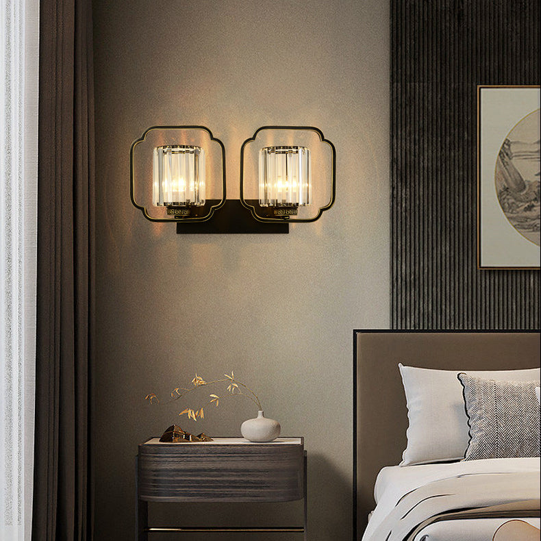 Traditional Chinese Cylinder Iron Crystal 2-Light Wall Sconce Lamp For Living Room