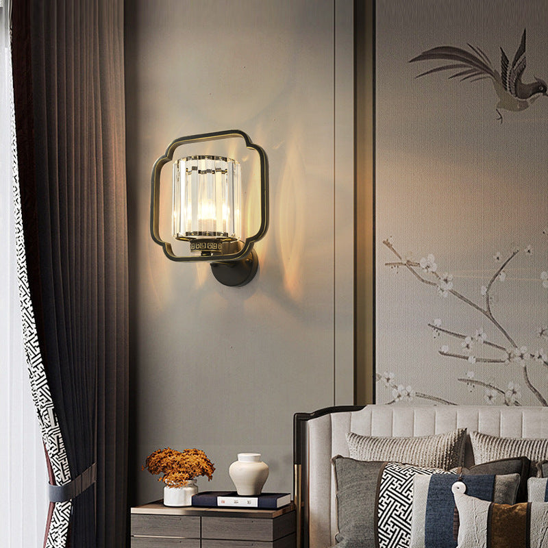 Traditional Chinese Cylinder Iron Crystal 2-Light Wall Sconce Lamp For Living Room
