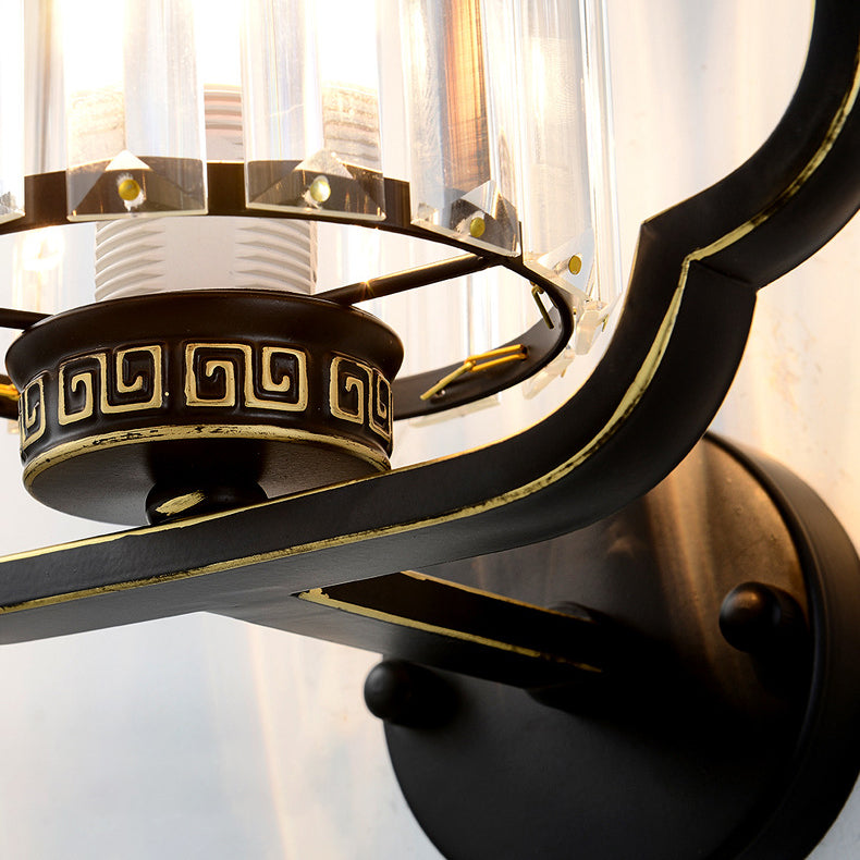 Traditional Chinese Cylinder Iron Crystal 2-Light Wall Sconce Lamp For Living Room