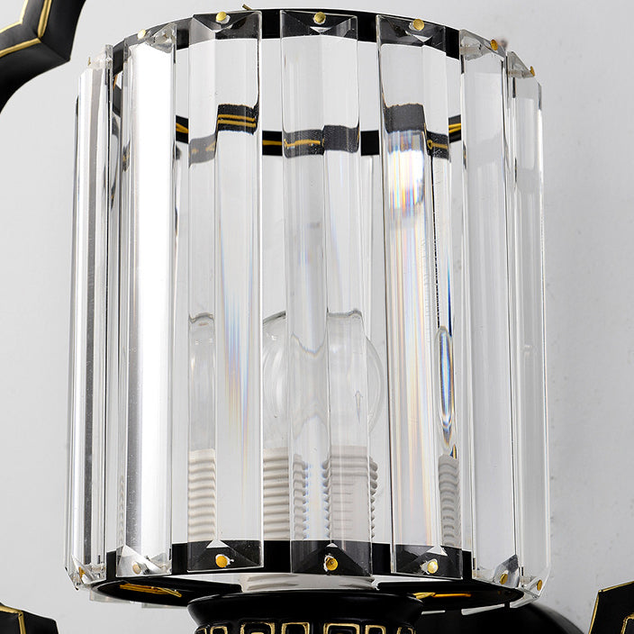 Traditional Chinese Cylinder Iron Crystal 2-Light Wall Sconce Lamp For Living Room