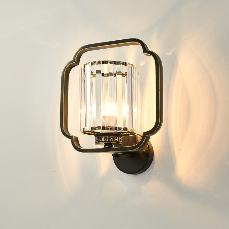 Traditional Chinese Cylinder Iron Crystal 2-Light Wall Sconce Lamp For Living Room