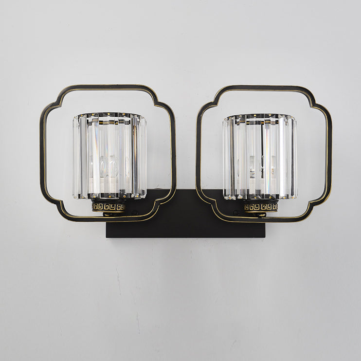 Traditional Chinese Cylinder Iron Crystal 2-Light Wall Sconce Lamp For Living Room