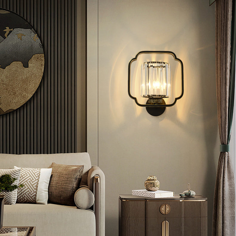 Traditional Chinese Cylinder Iron Crystal 2-Light Wall Sconce Lamp For Living Room