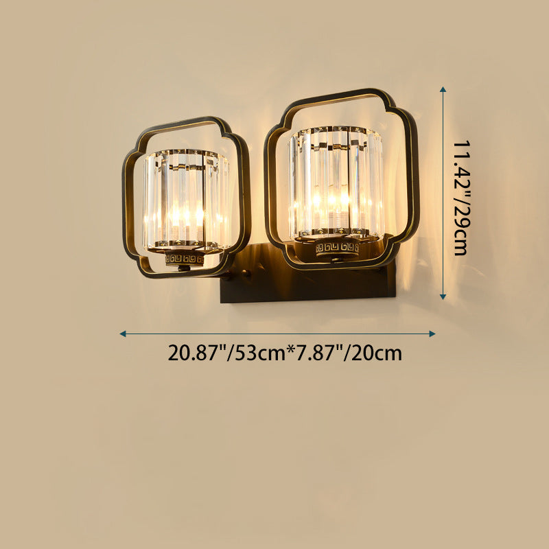 Traditional Chinese Cylinder Iron Crystal 2-Light Wall Sconce Lamp For Living Room