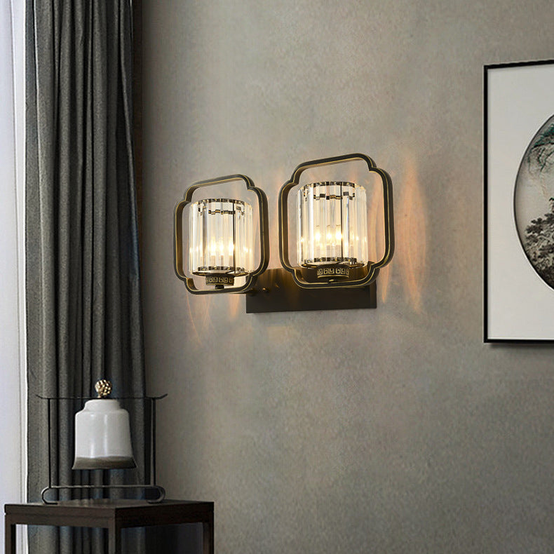 Traditional Chinese Cylinder Iron Crystal 2-Light Wall Sconce Lamp For Living Room
