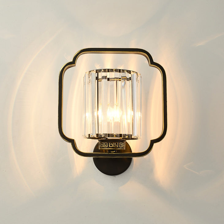 Traditional Chinese Cylinder Iron Crystal 2-Light Wall Sconce Lamp For Living Room