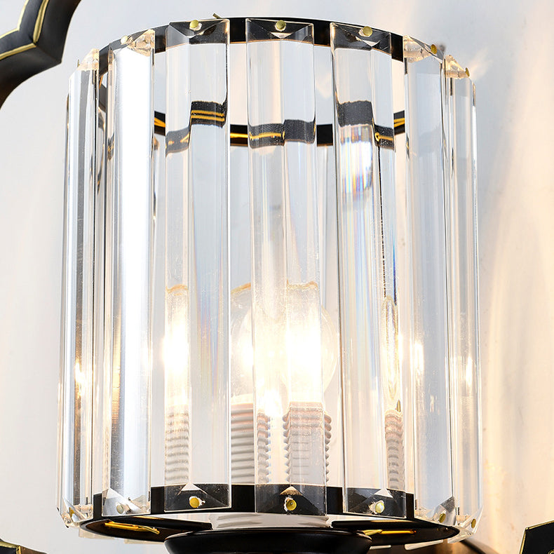 Traditional Chinese Cylinder Iron Crystal 2-Light Wall Sconce Lamp For Living Room