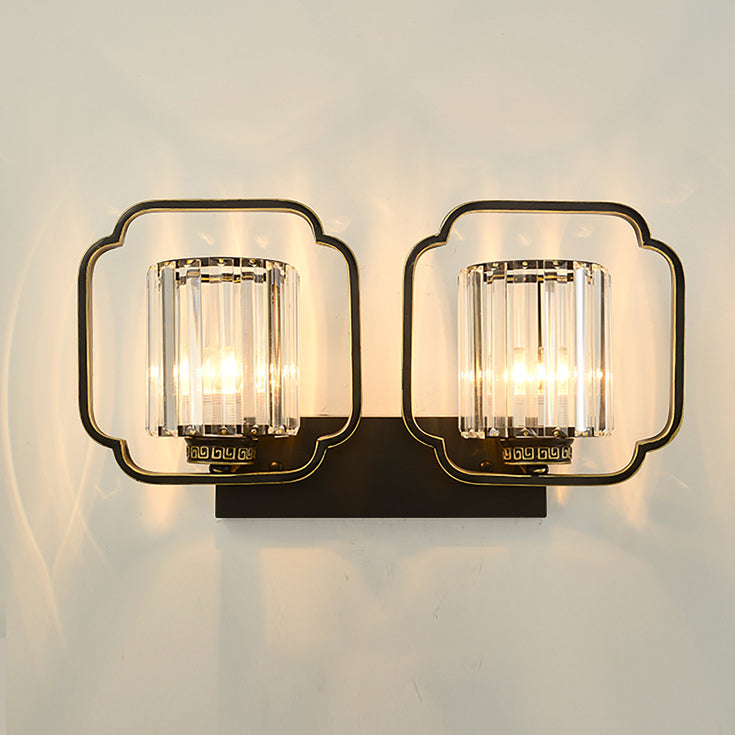Traditional Chinese Cylinder Iron Crystal 2-Light Wall Sconce Lamp For Living Room